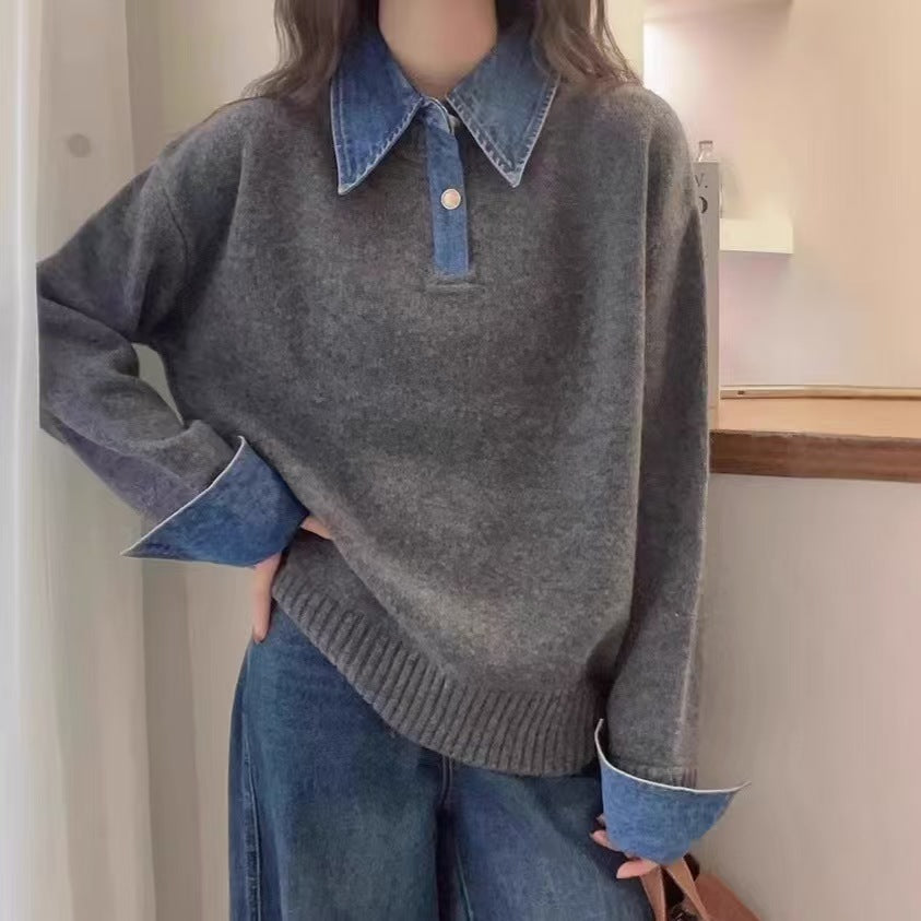 Denim Collar Layered Look Wool Sweater