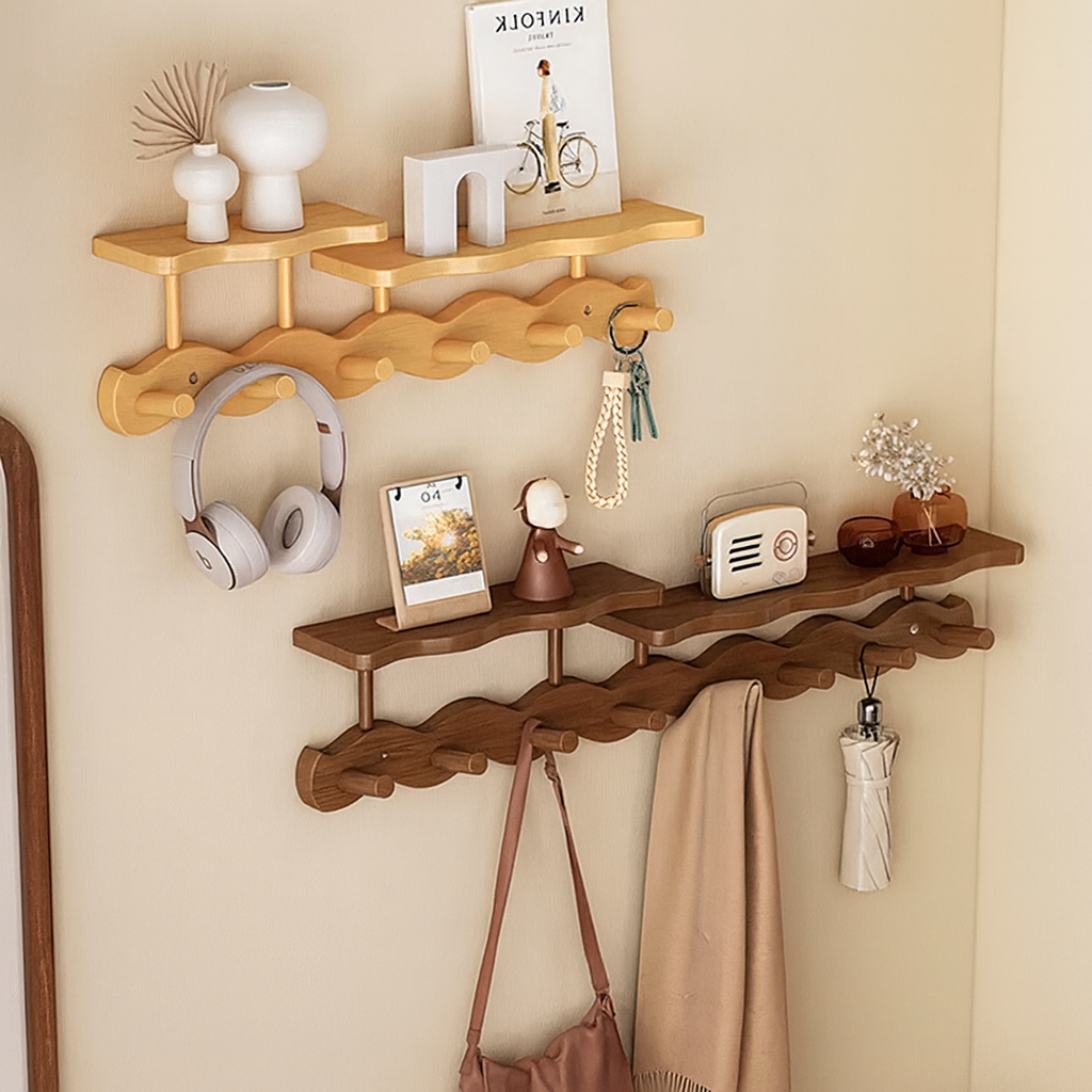 Wood Ripple Wall Shelf With Hooks