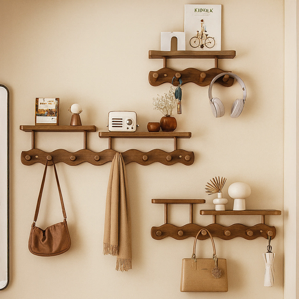 Wood Ripple Wall Shelf With Hooks