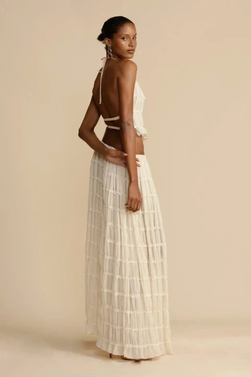 Halterneck Ruffled Long Pleated Two-piece Set