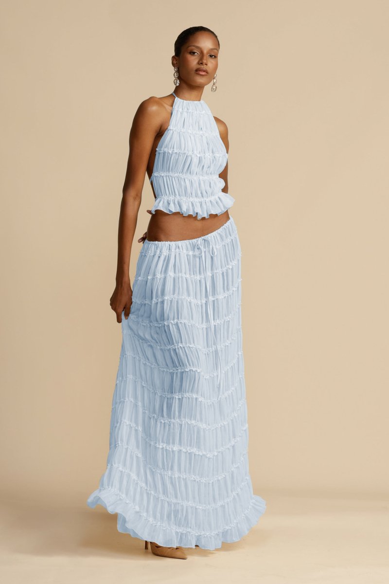 Women's Two-piece Set - Halterneck Top with Ruffles - Long Pleated Skirt - Elegant Look