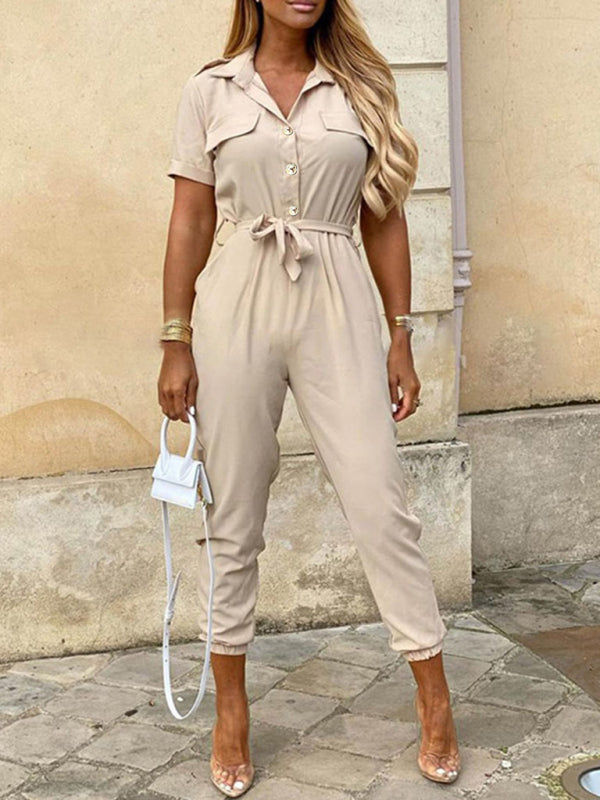 Women's Jumpsuit - Utility Style - Button Closure - Waist Tie - Short Sleeves