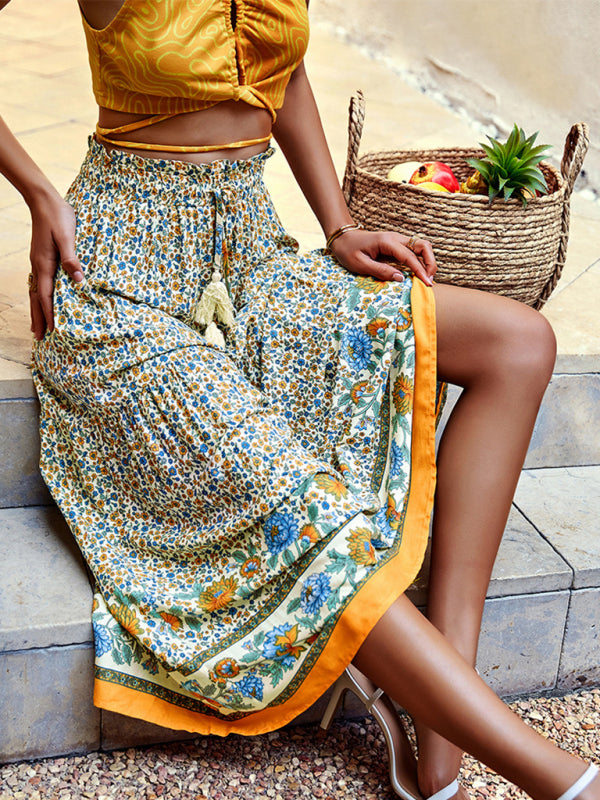 Women's Maxi Skirt - Bohemian Style - Floral Print - Light and Airy - Drawstring Waist