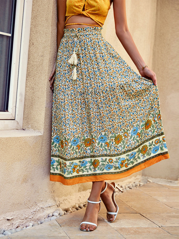 Women's Maxi Skirt - Bohemian Style - Floral Print - Light and Airy - Drawstring Waist