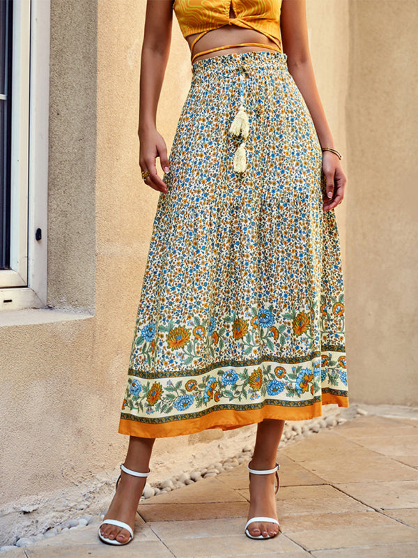 Women's Maxi Skirt - Bohemian Style - Floral Print - Light and Airy - Drawstring Waist