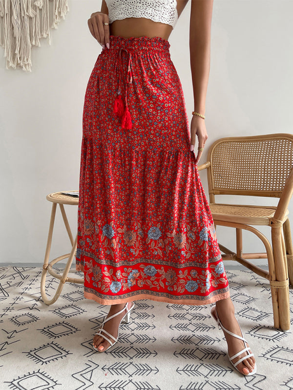 Women's Maxi Skirt - Bohemian Style - Floral Print - Light and Airy - Drawstring Waist
