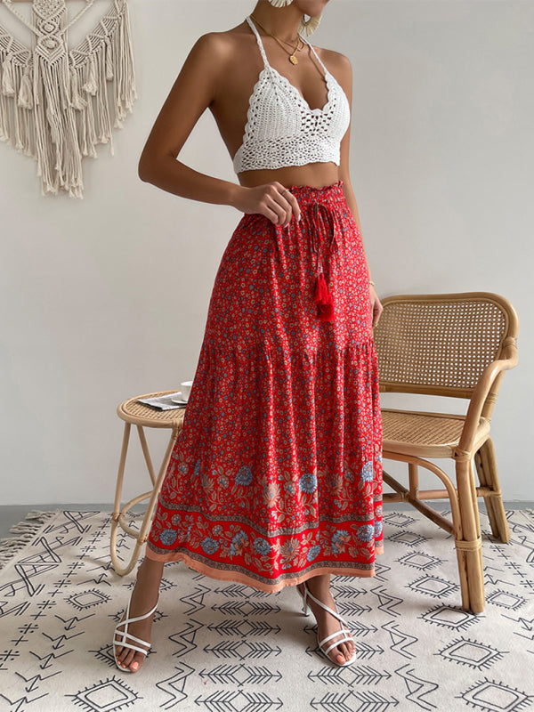 Women's Maxi Skirt - Bohemian Style - Floral Print - Light and Airy - Drawstring Waist