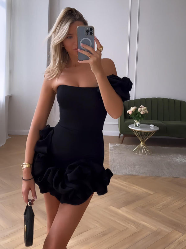 Dress for Women – Short Party Dress – Slim Fit – Asymmetric Shoulder with Ruffles
