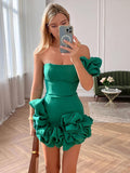 Dress for Women – Short Party Dress – Slim Fit – Asymmetric Shoulder with Ruffles