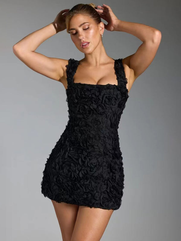 Women's Mini Dress – Bodycon Fit – 3D Flower Appliqué – Straight Neckline