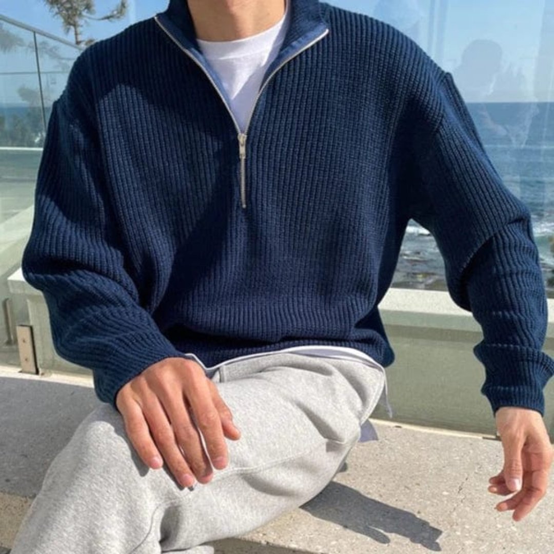 Men's Sweater with Half Zipper – Wool Blend – Relaxed Fit – Rib Knit Design