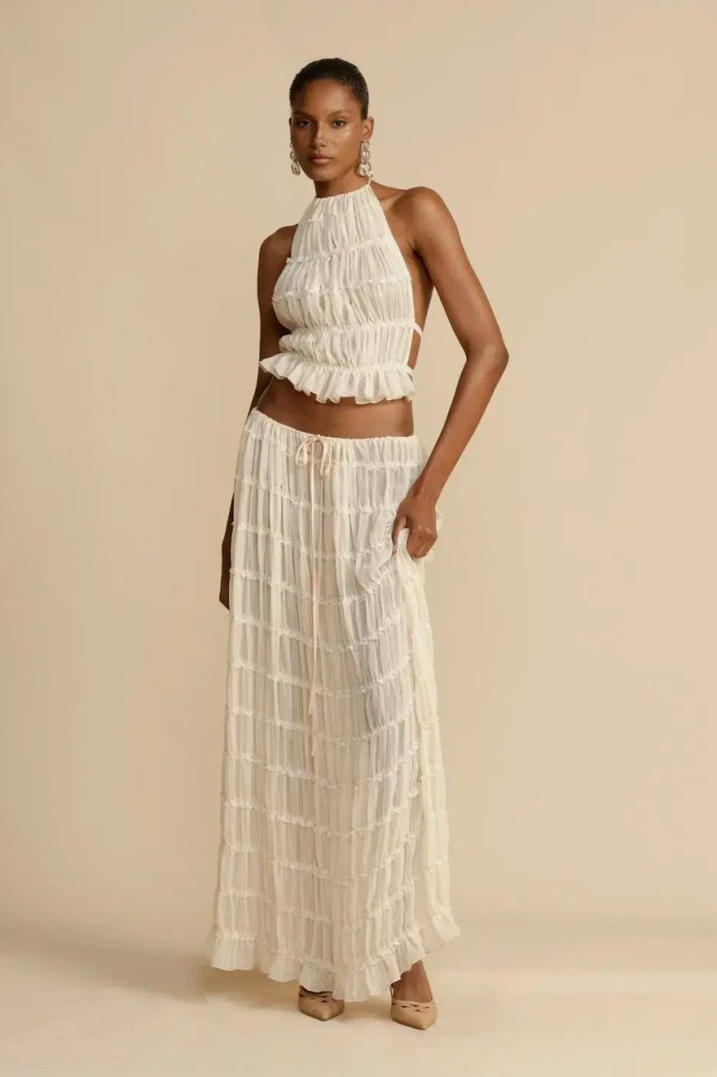 Women's Two-piece Set - Halterneck Top with Ruffles - Long Pleated Skirt - Elegant Look