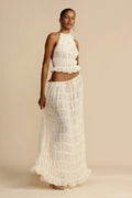 Women's Two-piece Set - Halterneck Top with Ruffles - Long Pleated Skirt - Elegant Look