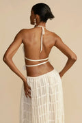 Women's Two-piece Set - Halterneck Top with Ruffles - Long Pleated Skirt - Elegant Look