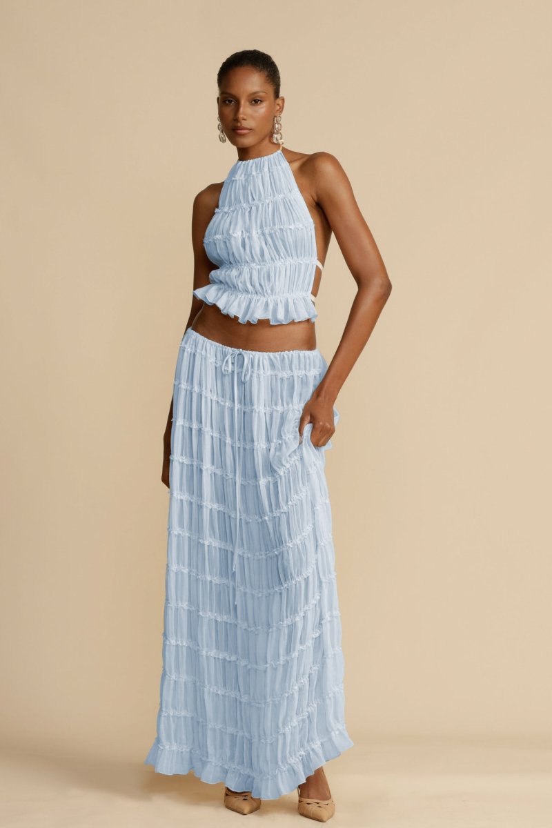 Women's Two-piece Set - Halterneck Top with Ruffles - Long Pleated Skirt - Elegant Look