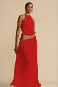 Women's Two-piece Set - Halterneck Top with Ruffles - Long Pleated Skirt - Elegant Look