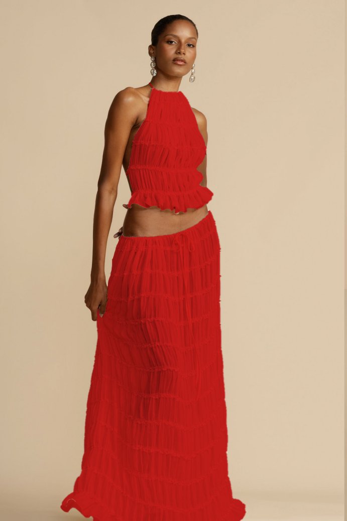 Women's Two-piece Set - Halterneck Top with Ruffles - Long Pleated Skirt - Elegant Look
