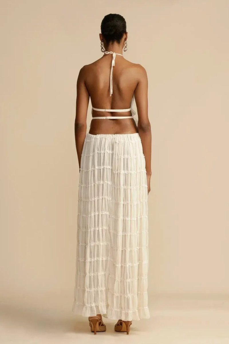 Women's Two-piece Set - Halterneck Top with Ruffles - Long Pleated Skirt - Elegant Look