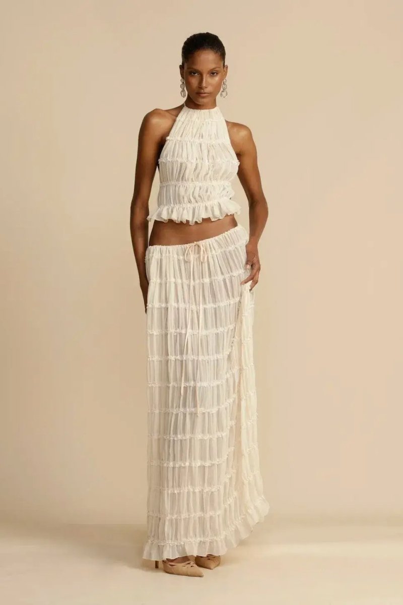 Women's Two-piece Set - Halterneck Top with Ruffles - Long Pleated Skirt - Elegant Look