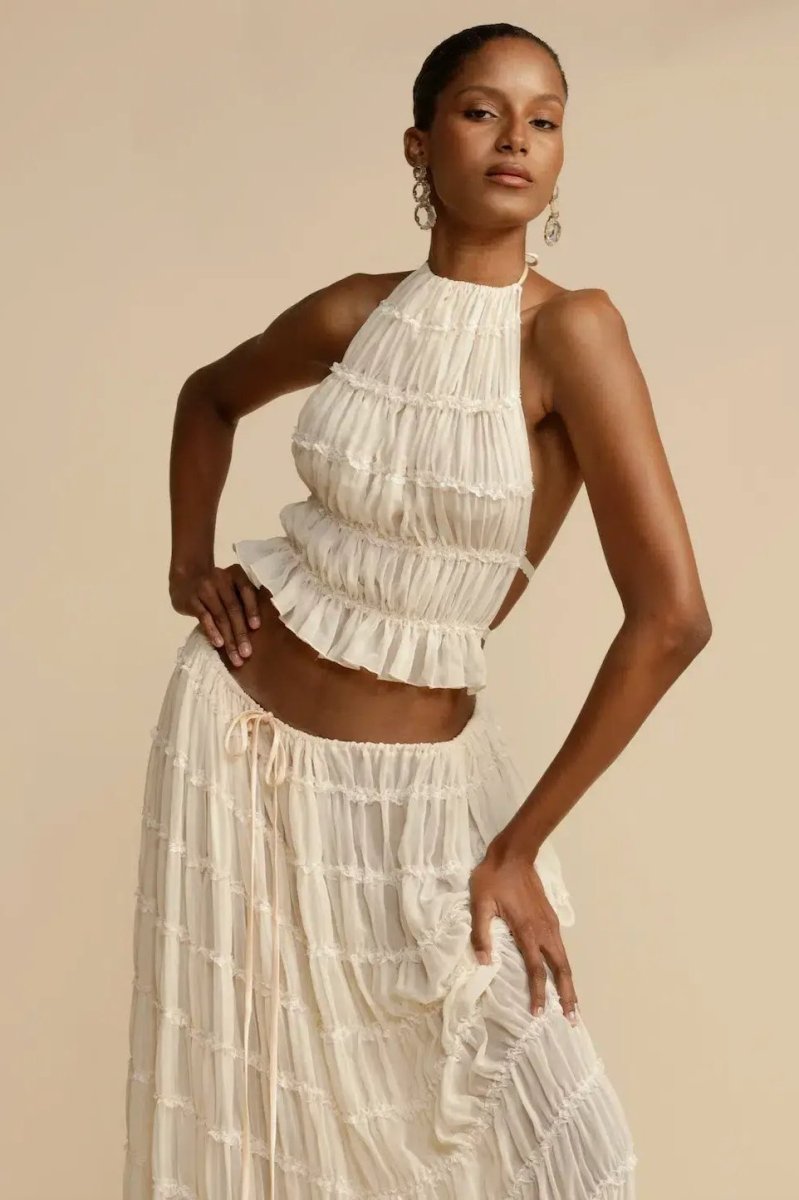 Halterneck Ruffled Long Pleated Two-piece Set