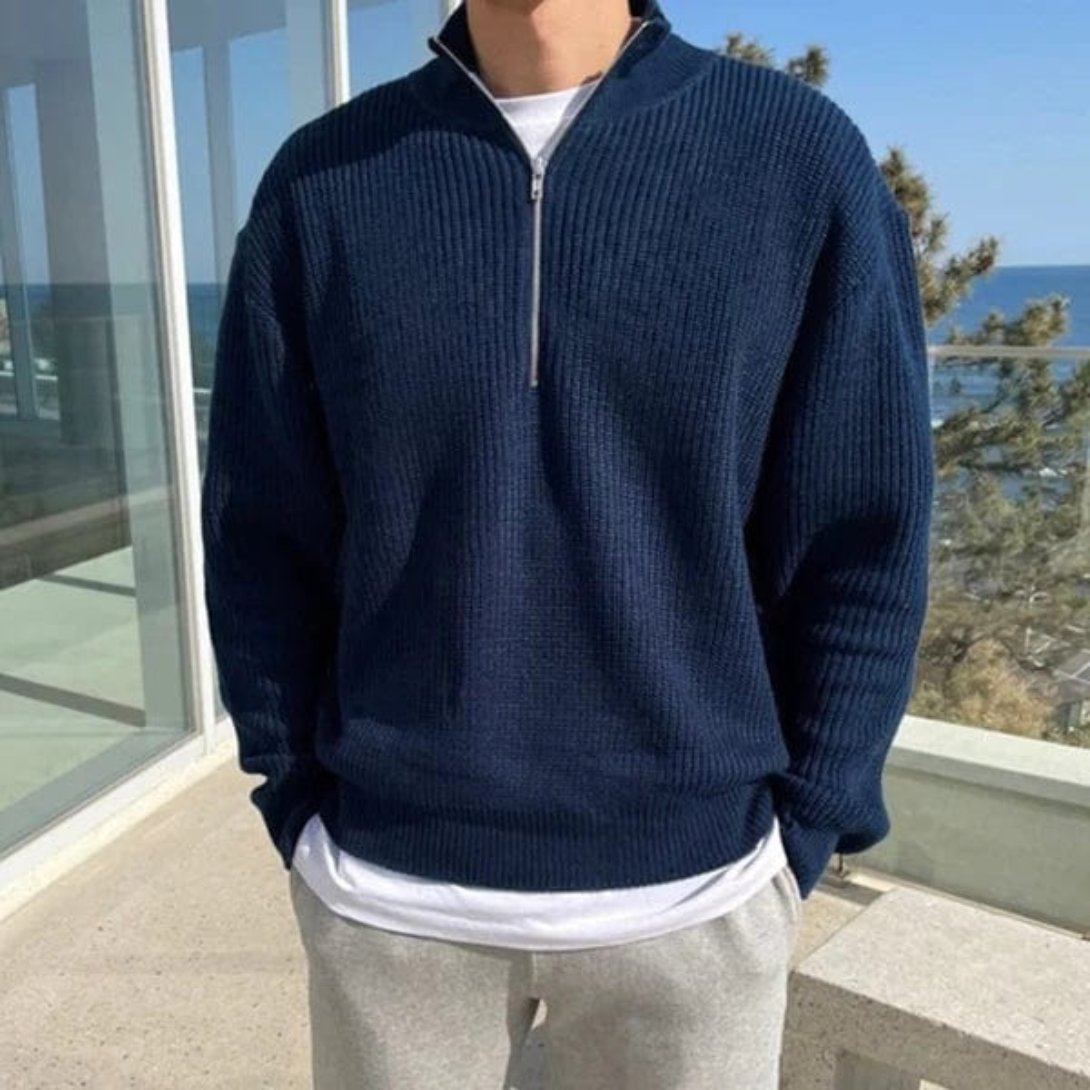 Relaxed Fit Wool Blend Half Zip Sweater