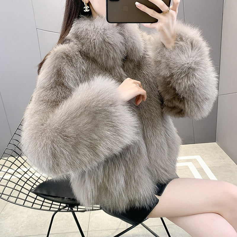 Faux Fur Cropped Flared Sleeve Coat