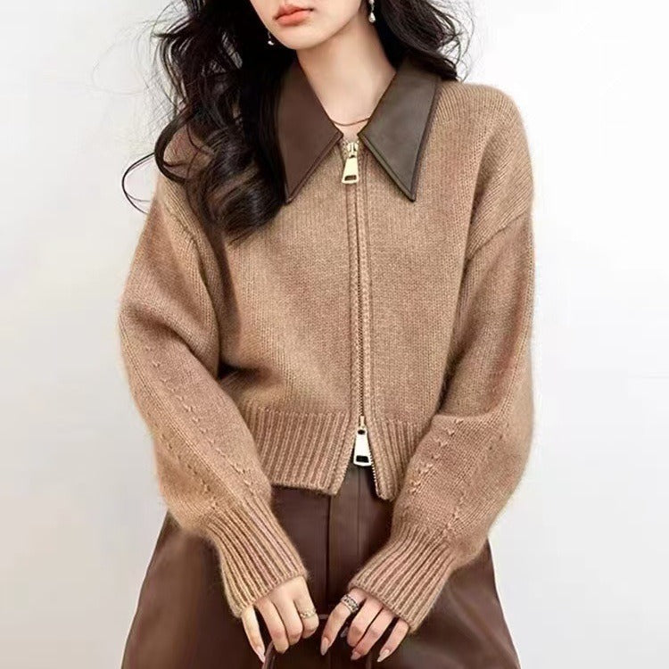 Cropped Knit Spread Collar Jacket