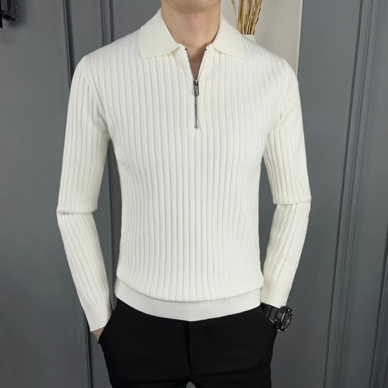 Rib Knit Polo Collar Half-Zip Sweater