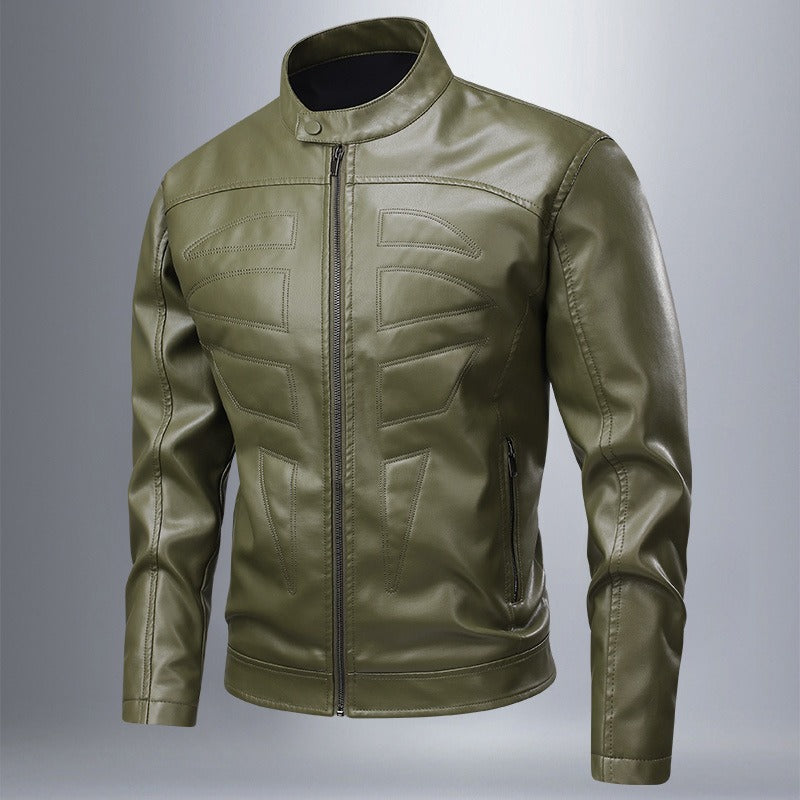 Geometric Stitching Slim Fit Leather Jacket