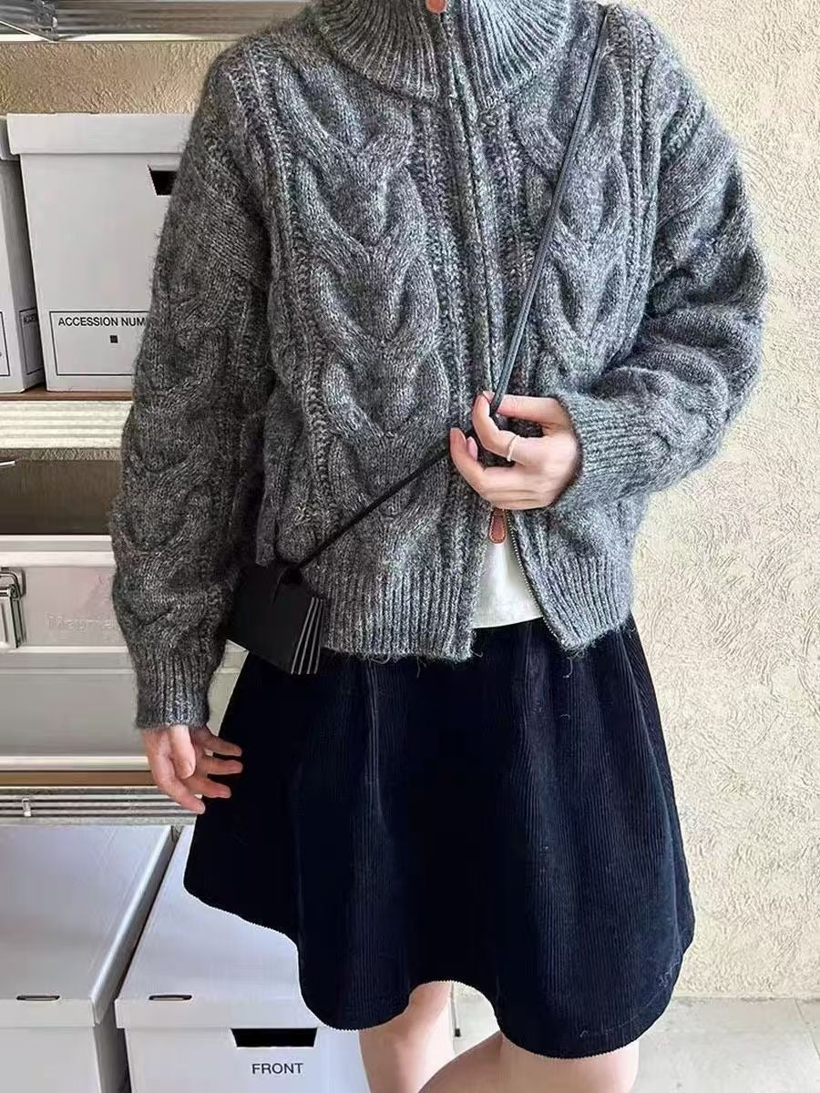 Wool Blend Cropped High Mock Neck Cardigan