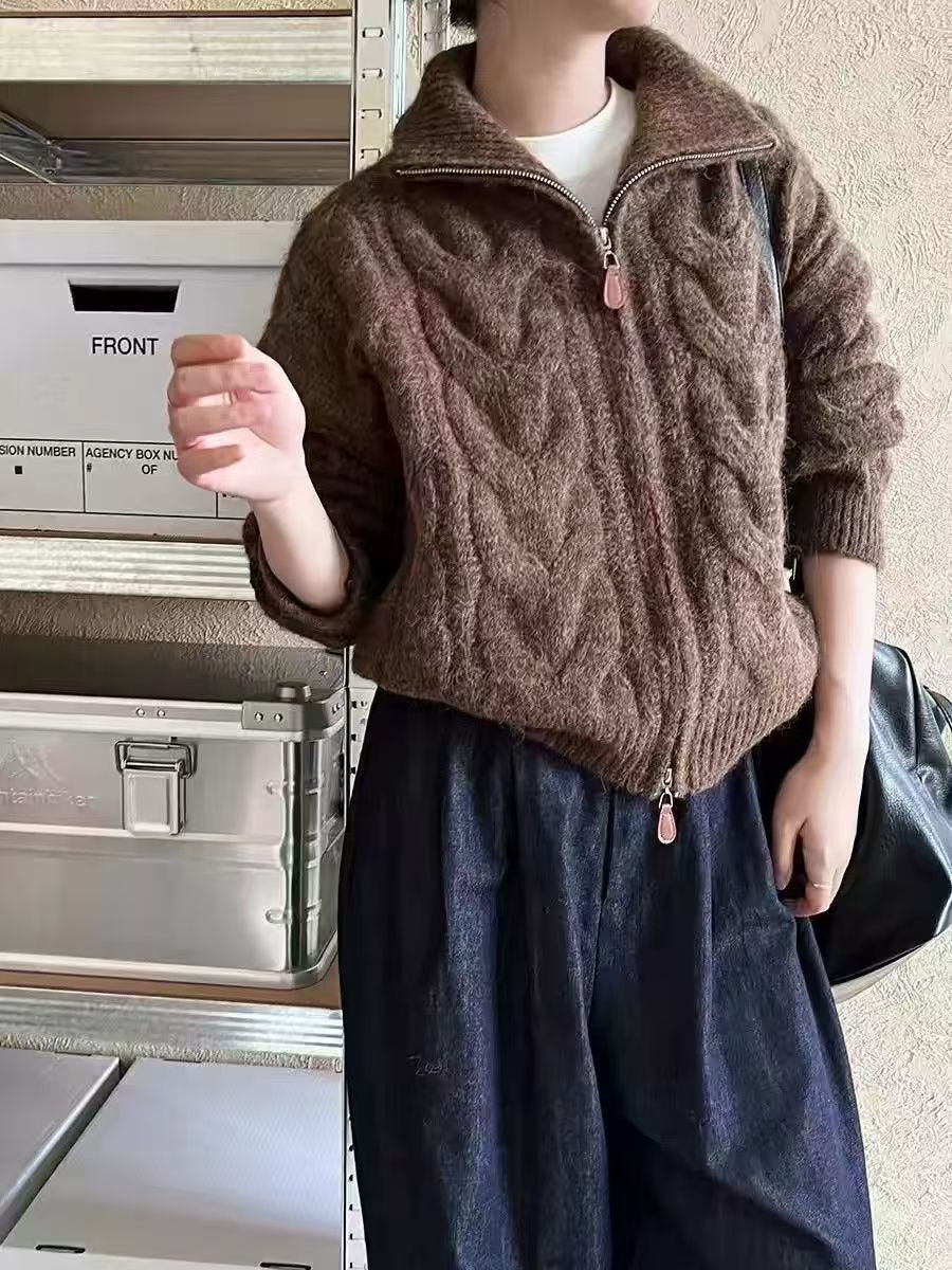 Wool Blend Cropped High Mock Neck Cardigan