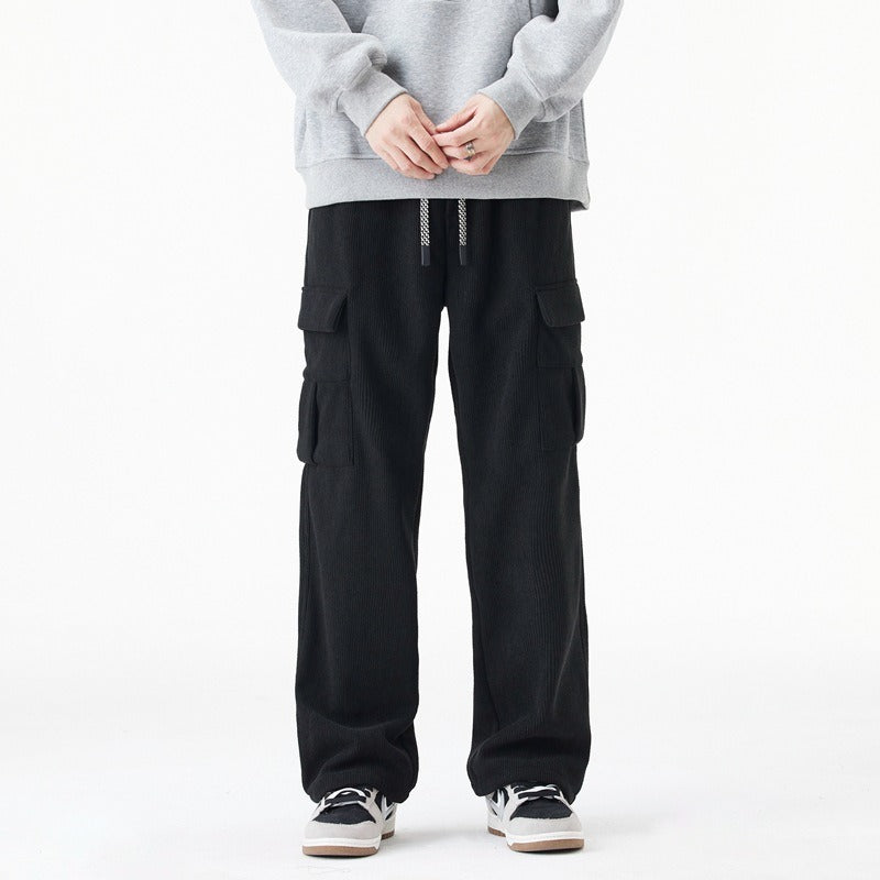 Ribbed Relaxed Wide-Leg Cargo Pants