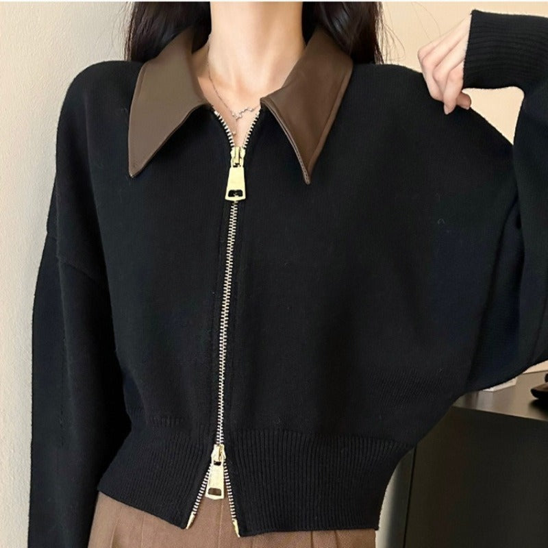 Cropped Knit Spread Collar Jacket
