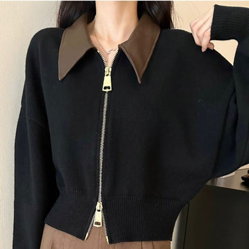 Cropped Knit Spread Collar Jacket