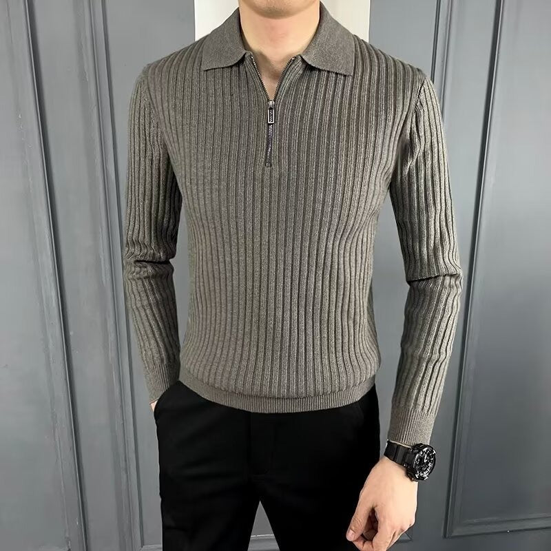 Rib Knit Polo Collar Half-Zip Sweater