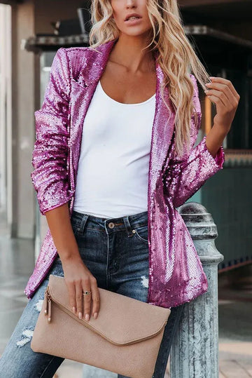 Sequined Fabric Notch Lapel Hip Length Blazer