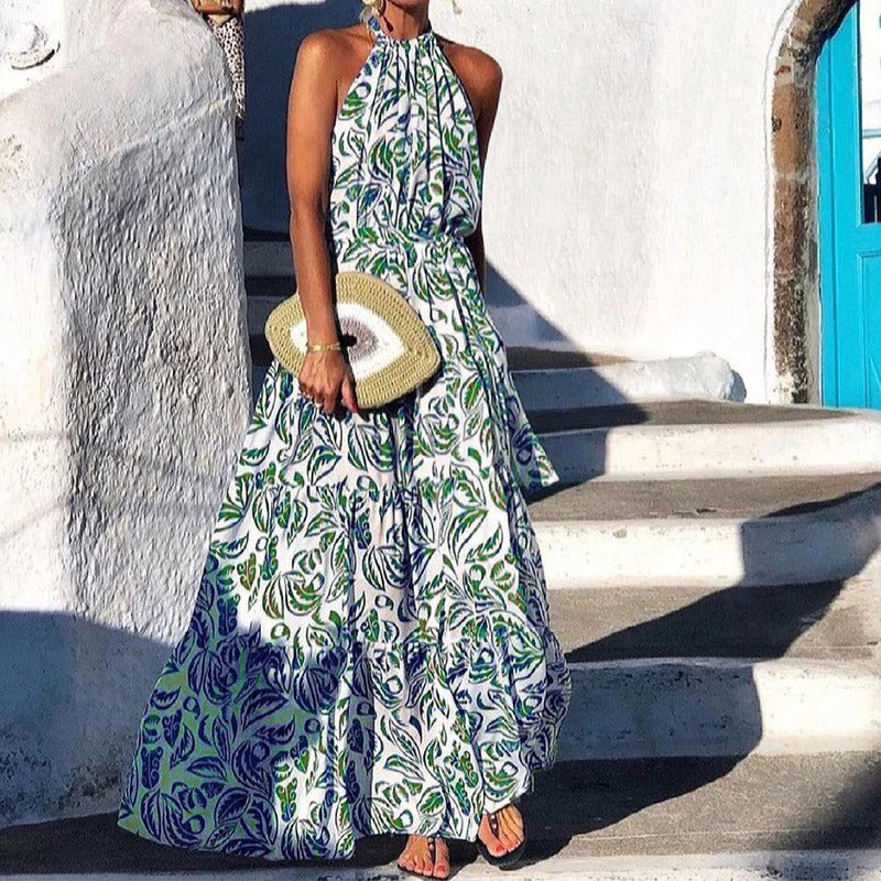 Flowy Floral Halter Cotton Maxi Dress