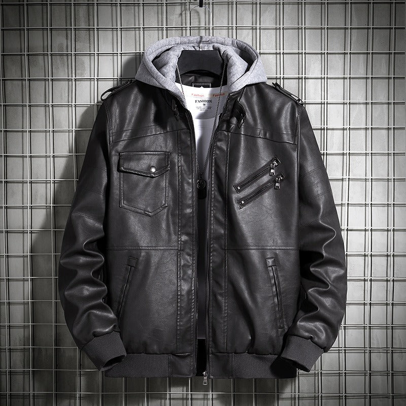 Faux Leather Hooded Knit Bomber Jacket