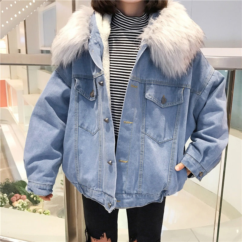 Fleece Lined Faux Fur Collar Denim Jacket