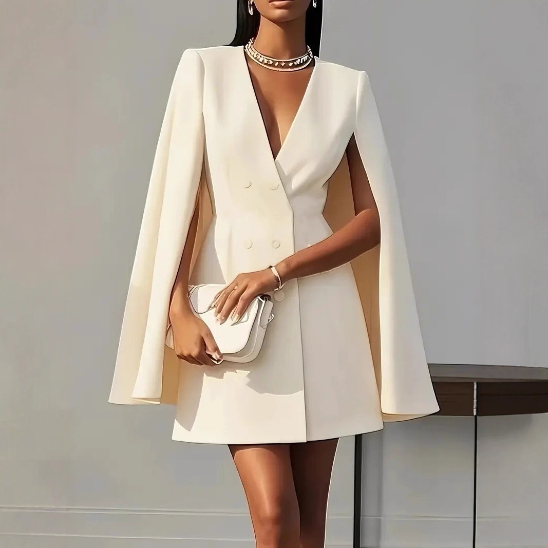 Tailored Double-Breasted Shawl Cape Mini Dress
