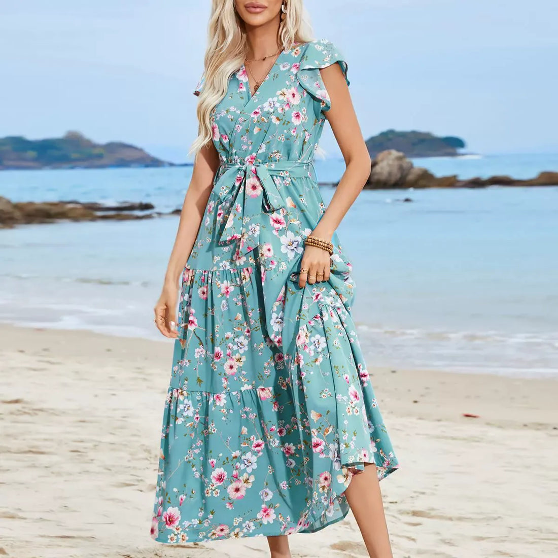 Cotton Blend Floral Print Ruffled Sleeves Boho Dress