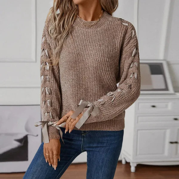 Relaxed Fit Soft Knit Lace-Up Pullover Sweater