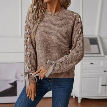 Relaxed Fit Soft Knit Lace-Up Pullover Sweater