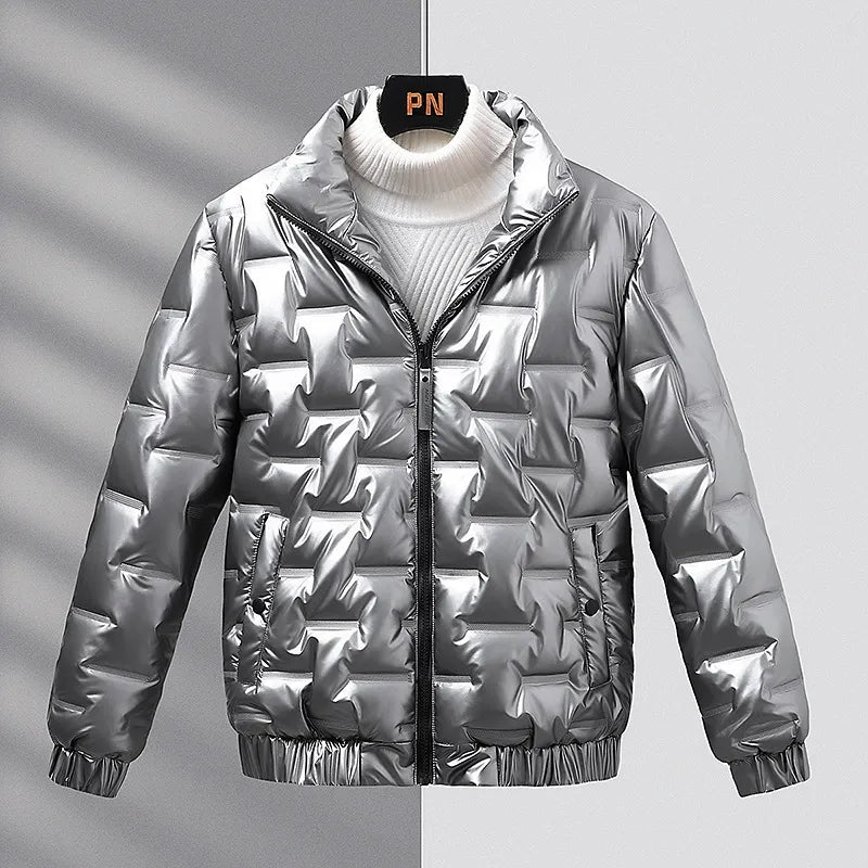 Slim Fit Shiny Quilted Stand Collar Coat