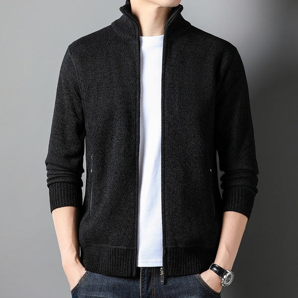Men’s Cardigan - Fine Gauge Knit - Stand Collar - Full Zip Closure