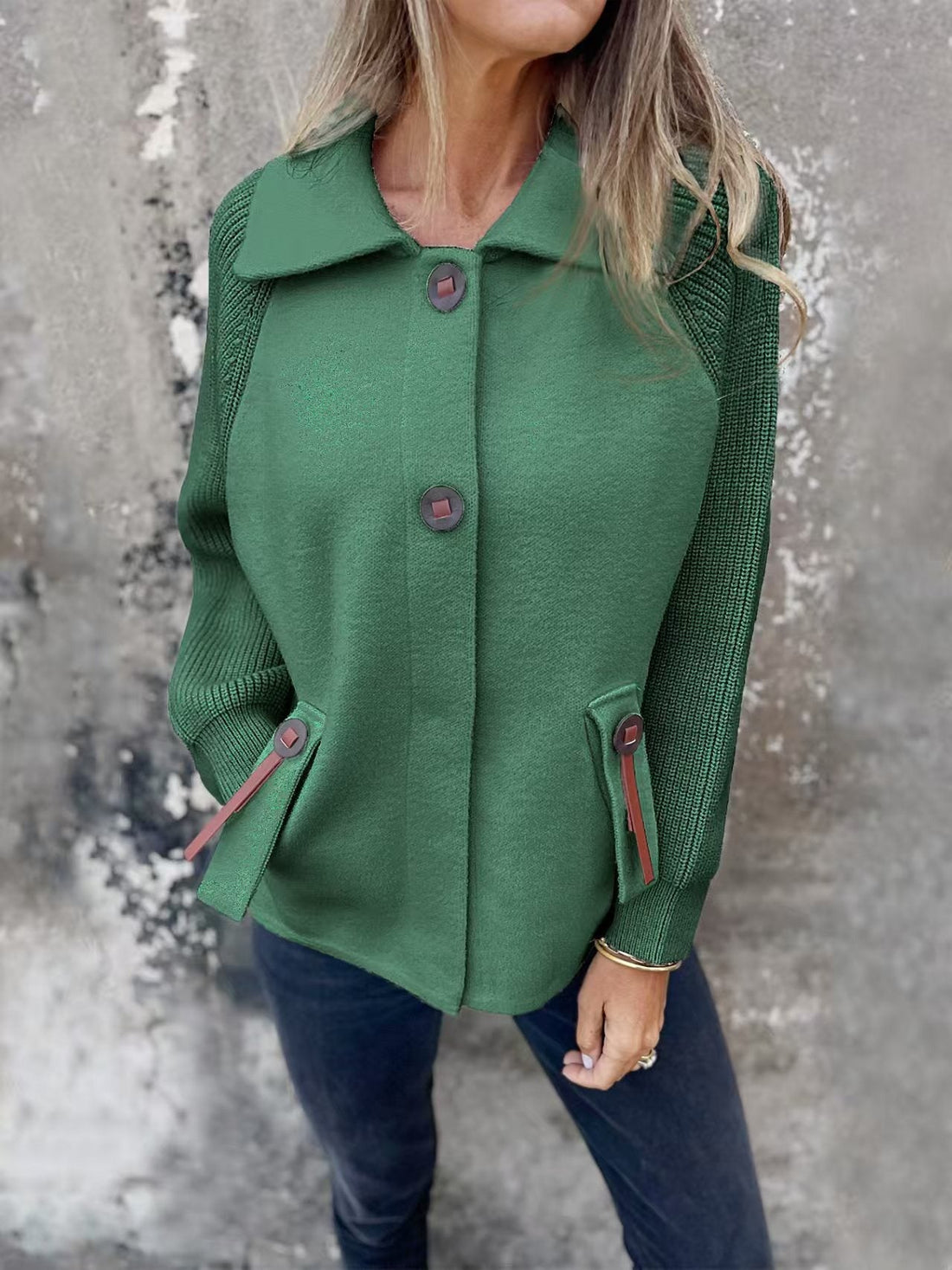 Structured Knit Ribbed Sleeve Relaxed Jacket