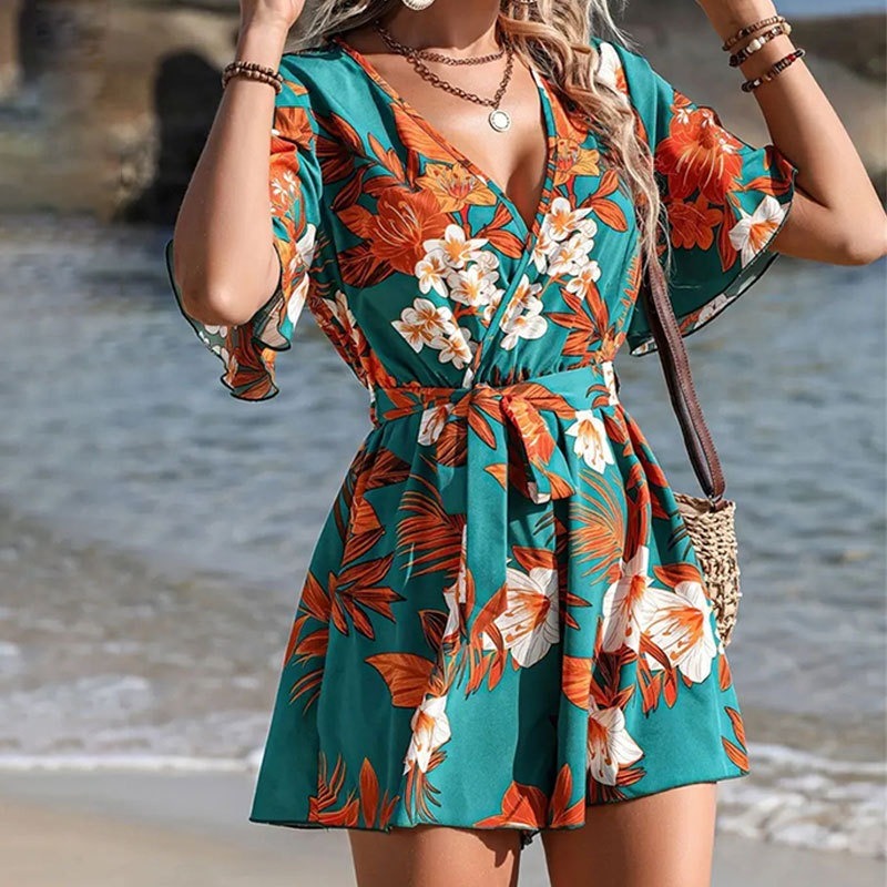 Ruffled Floral Print Cotton Blend Romper