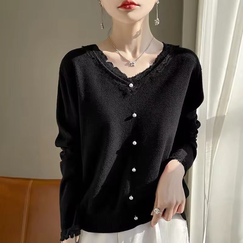 Lace V-Neck Relaxed Wool Blend Sweater