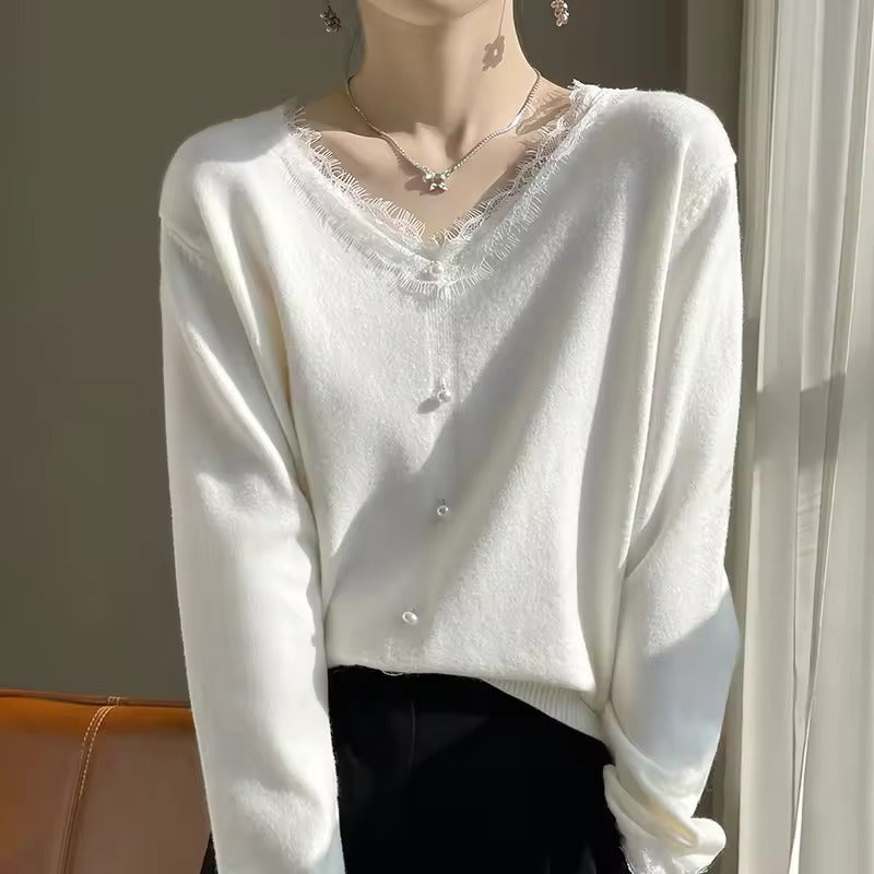 Lace V-Neck Relaxed Wool Blend Sweater