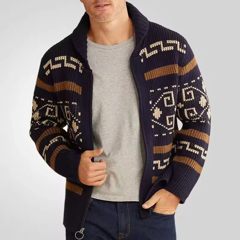 Shawl Collar Patterned Sleeve Wool Knit Cardigan